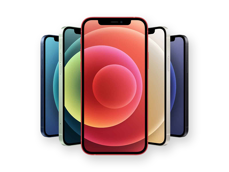 Vijf moderne iPhones in verschillende kleuren met rode iPhone centraal op witte achtergrond