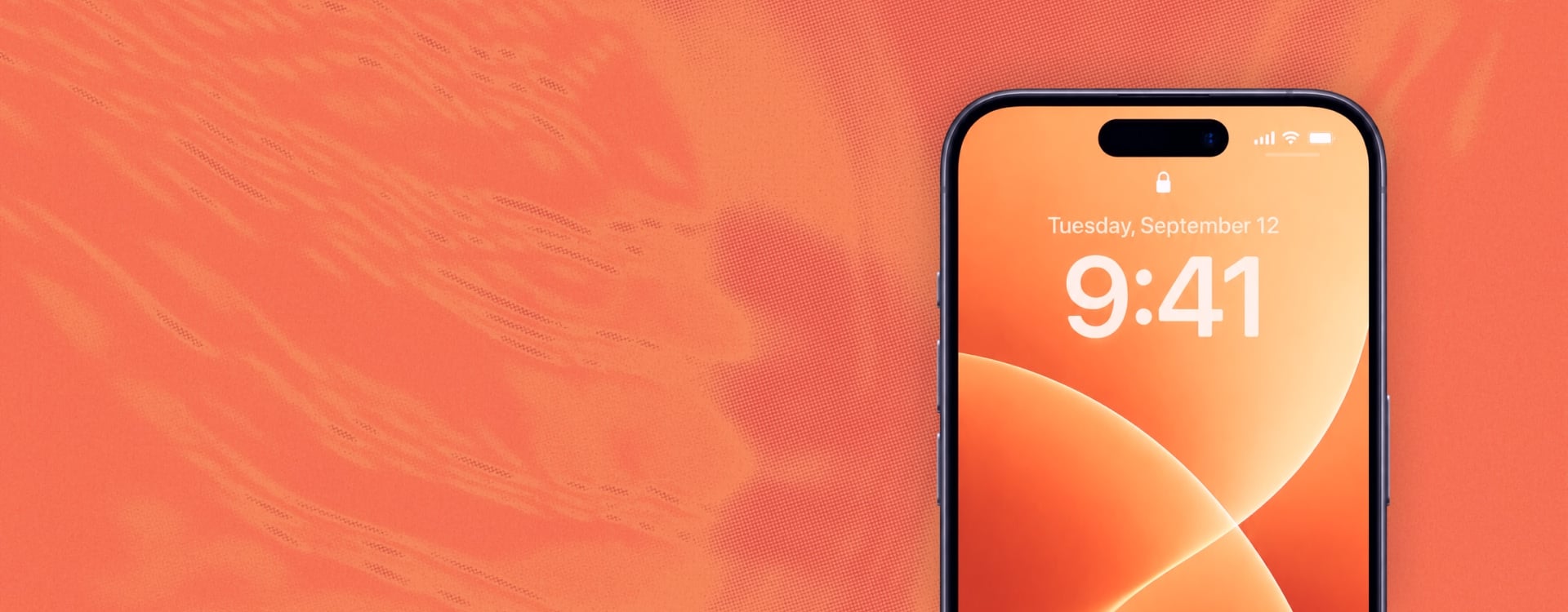 Close-up van een smartphonevergrendelscherm met oranje abstracte achtergrond, datum Tuesday September 12 en tijd 9:41